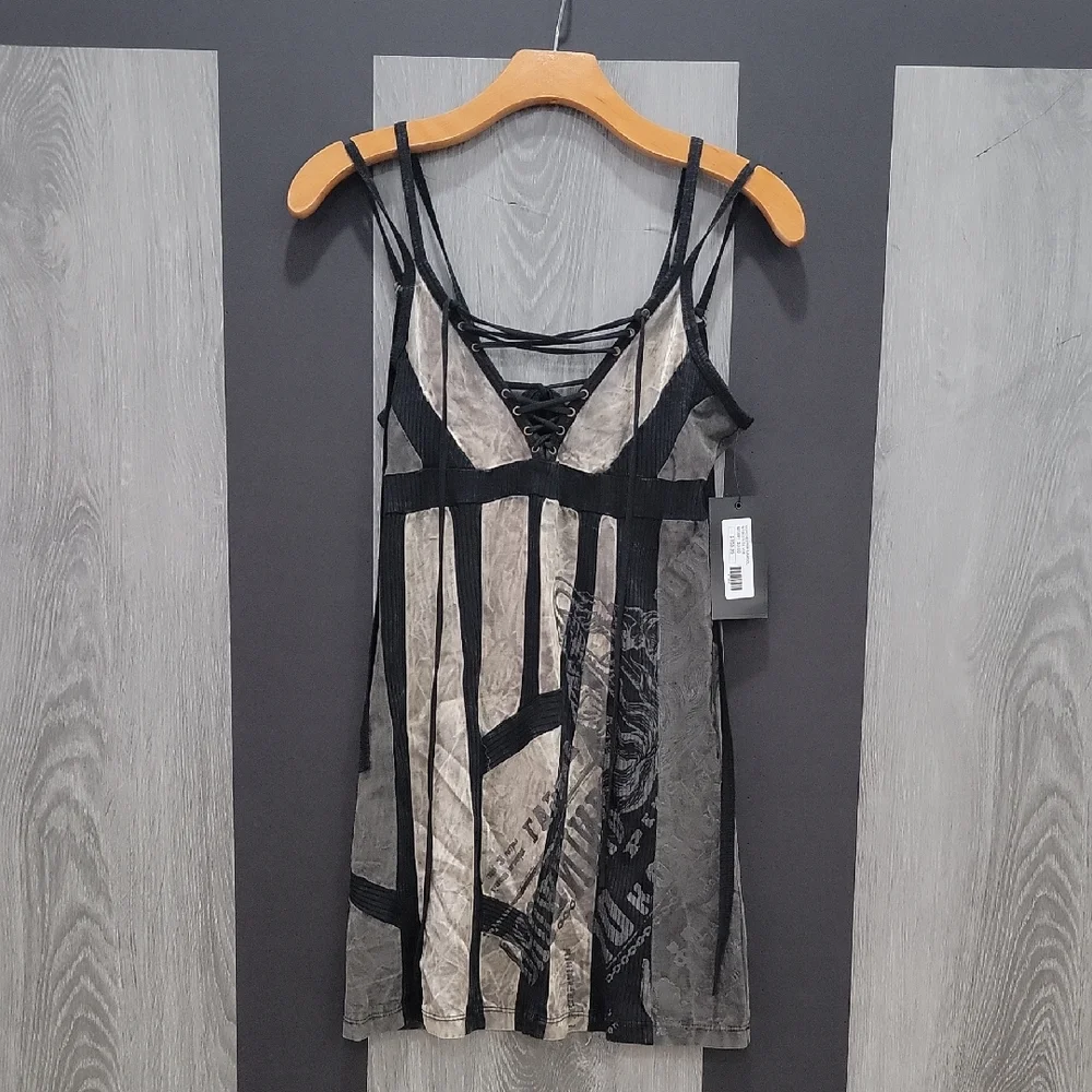 Salvage Black and Gray Satin, Embossed Camisole Top, Mini Dress - Picture 3 of 9